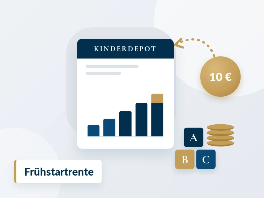 Illustration Frühstartrente: 10 Euro im Monat fließen in ein Kinderdepot mit wachsenden Balken